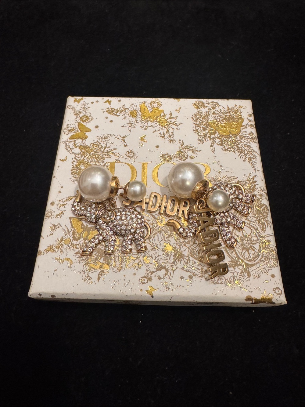 Dior Gold-Tone Crystal Elephant Charm Drop Earrings with Pearl Studs
